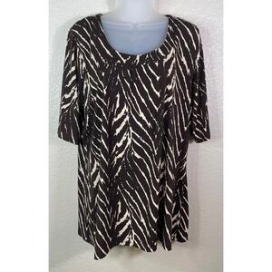 Susan Graver Womens Large Tunic Top Brown Zebra Print Short Sleeve Scoop Neck